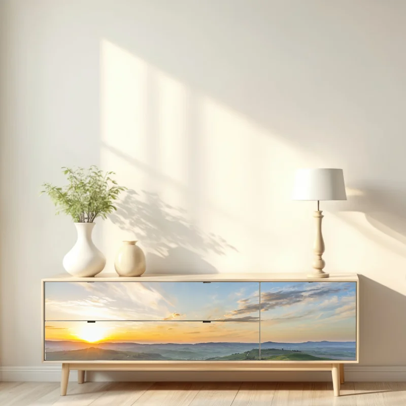 Repositionierbarer Aufkleber sonnenaufgang über einer wiese in Italien Repositionierbarer Aufkleber sonnenaufgang über einer wiese in Italien