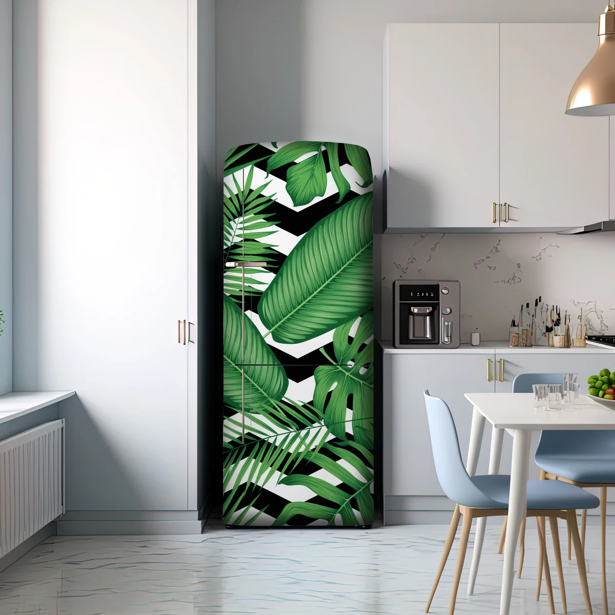 Kühlschrankaufkleber tropisches blättermuster auf zickzack-hintergrund Kühlschrankaufkleber tropisches blättermuster auf zickzack-hintergrund