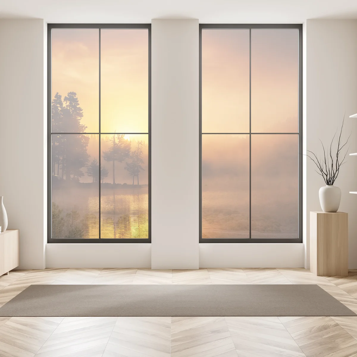 Fensteraufkleber goldener sonnenaufgang über dem nebligen see Fensteraufkleber goldener sonnenaufgang über dem nebligen see