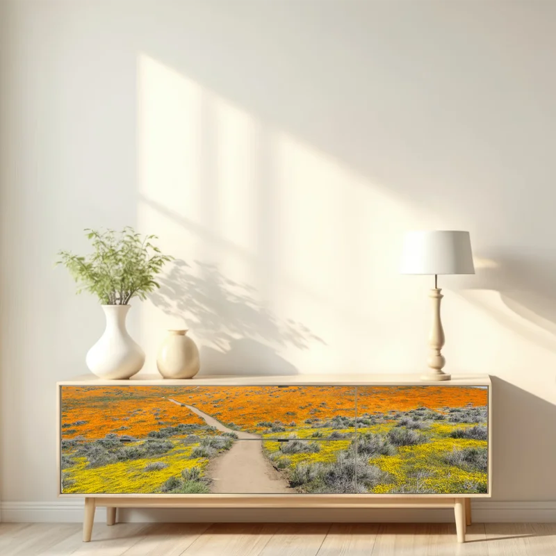 Repositionierbarer Aufkleber pfad durch den mohn-superbloom in Südkalifornien Repositionierbarer Aufkleber pfad durch den mohn-superbloom in Südkalifornien