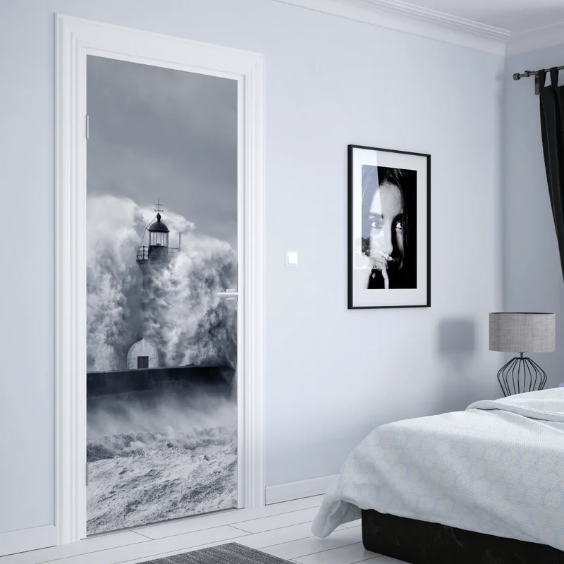 Türaufkleber leuchtturm von mächtigen wellen umgeben