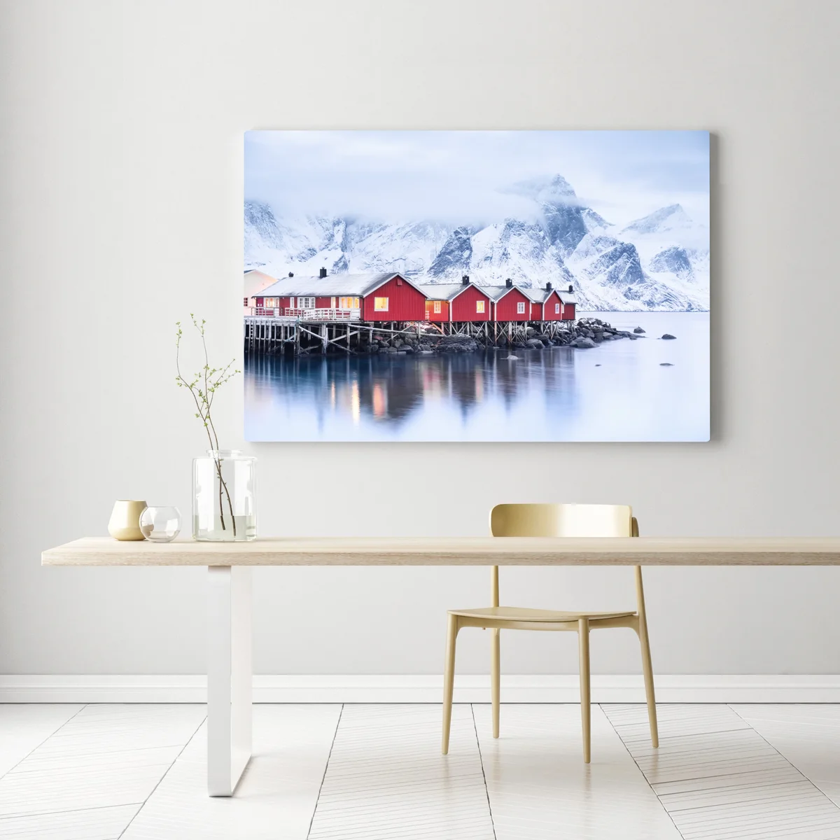 Leinwandbild sonnenaufgang über den roten hütten der Lofoten Leinwandbild sonnenaufgang über den roten hütten der Lofoten