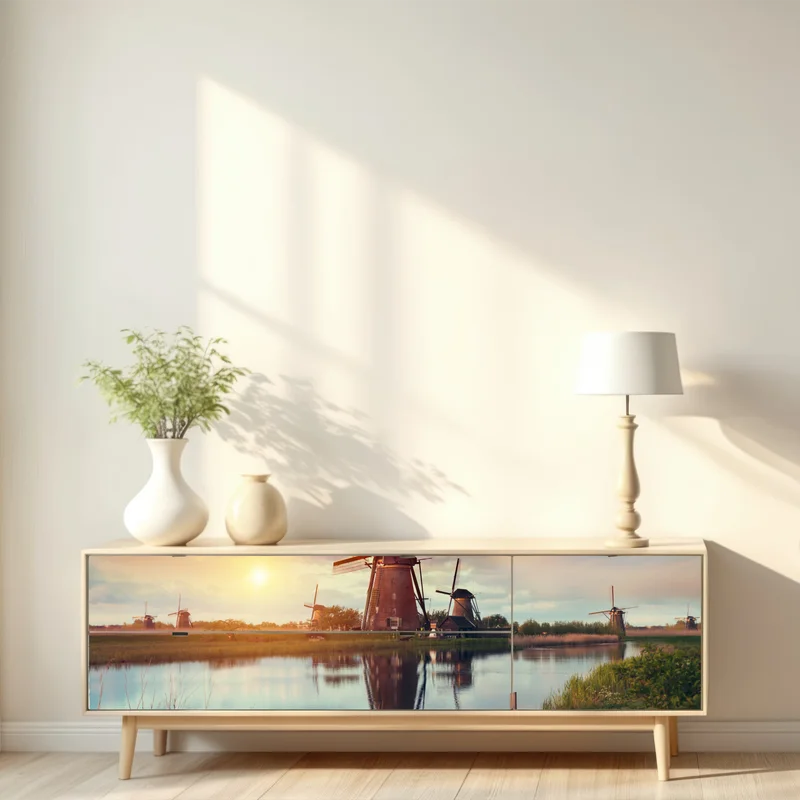 Repositionierbarer Aufkleber sonnenuntergang über windmühlen in den Niederlanden