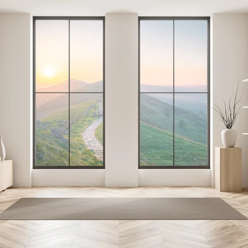 Fensteraufkleber sonnenaufgang über grünen hügeln mit steinweg