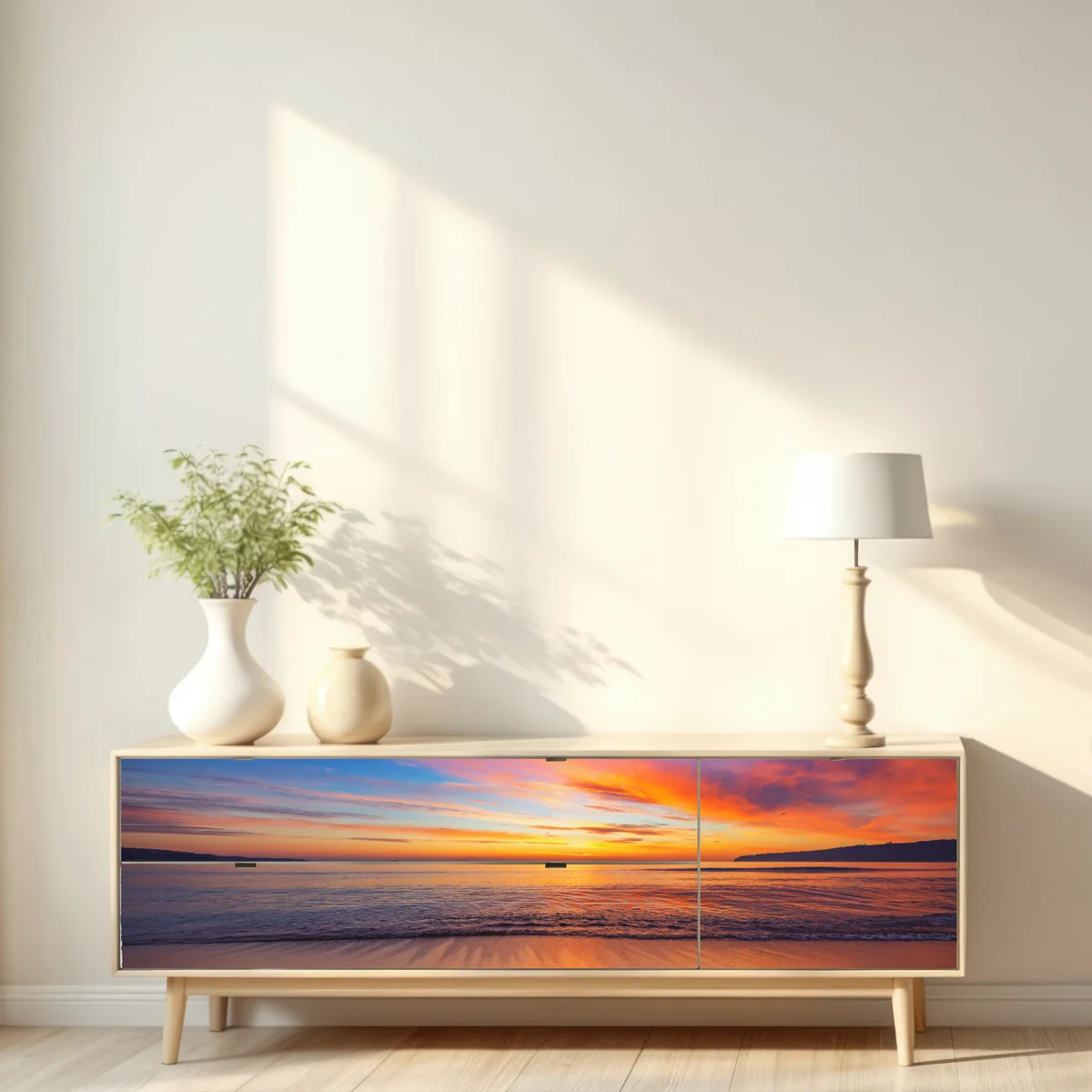 Repositionierbarer Aufkleber lebendiger sonnenaufgang über einem ruhigen strand Repositionierbarer Aufkleber lebendiger sonnenaufgang über einem ruhigen strand