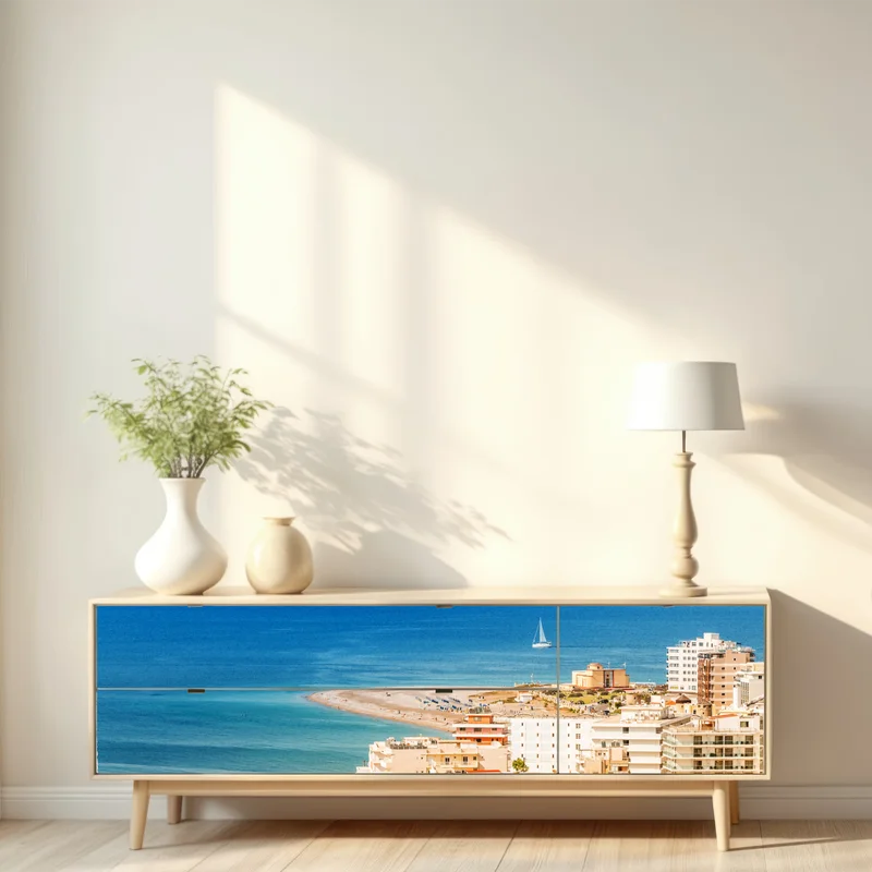 Repositionierbarer Aufkleber sonnige küstenstadt-panorama mit segelboot