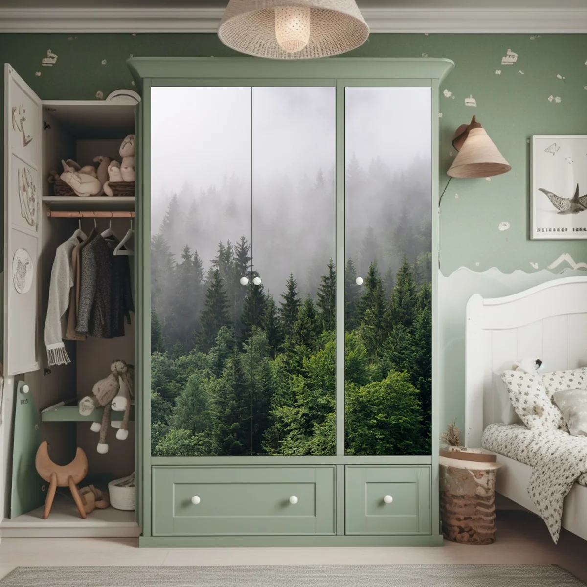 Schrankaufkleber nebliger immergrüner wald panorama Schrankaufkleber nebliger immergrüner wald panorama