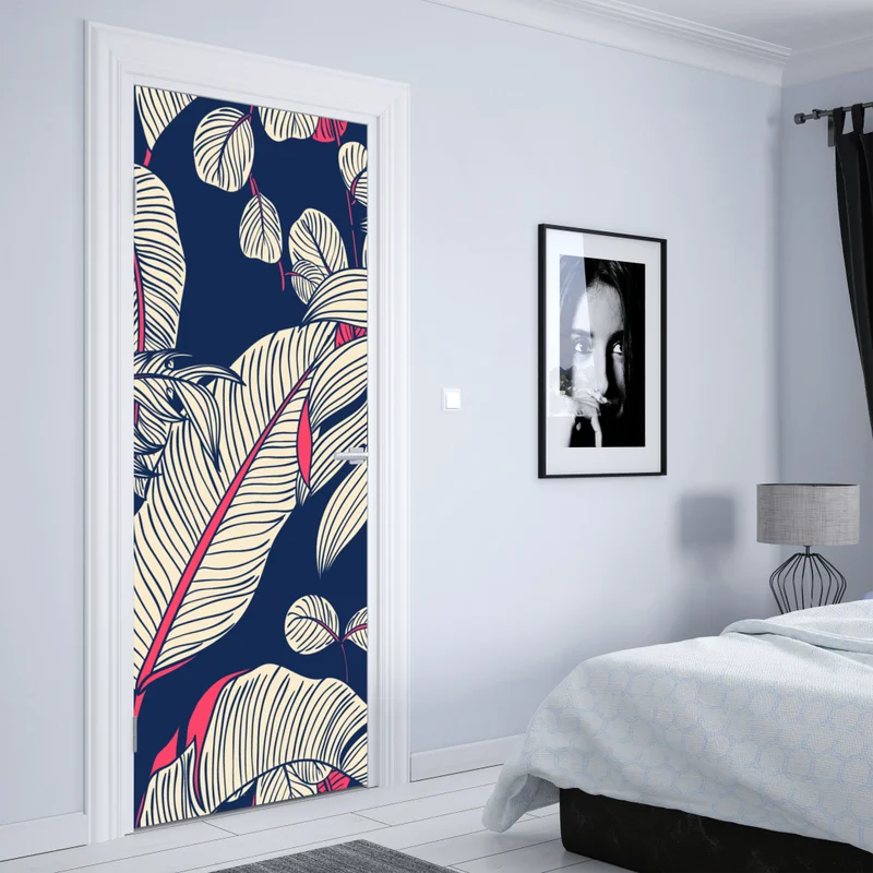 Türaufkleber marineblaues tropisches blattmuster