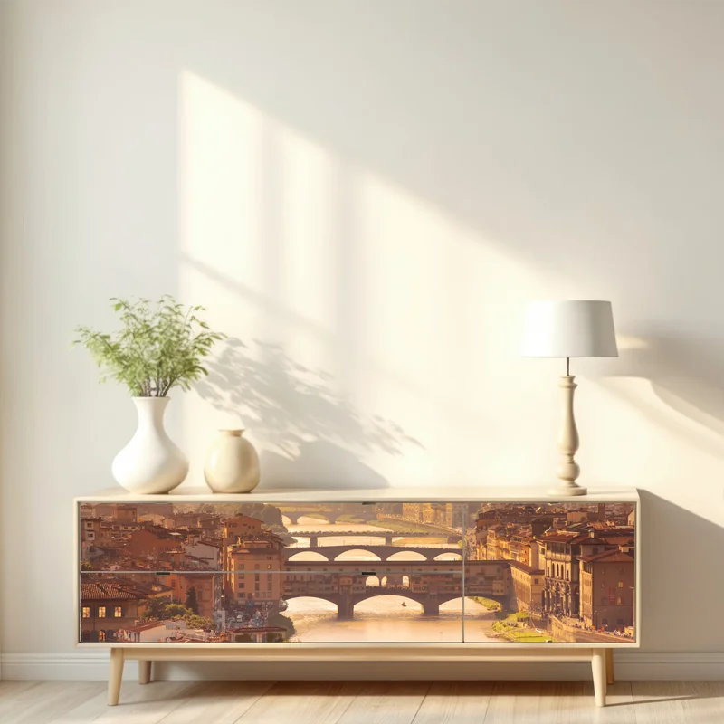 Repositionierbarer Aufkleber goldener sonnenuntergang über Ponte Vecchio, Florenz