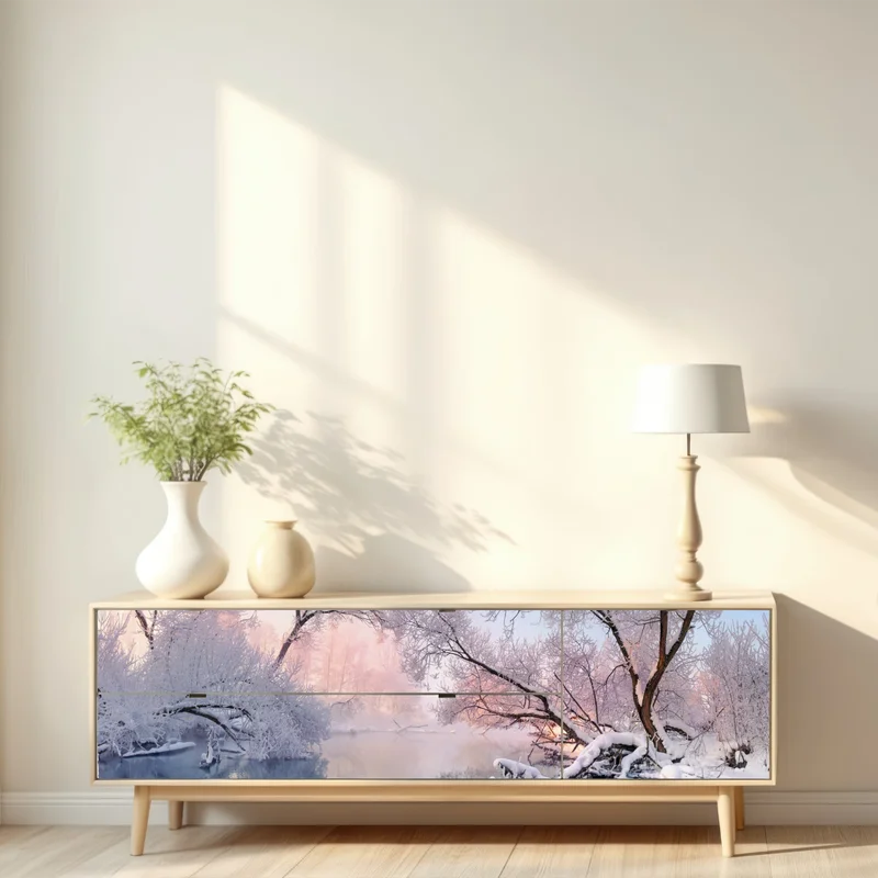 Repositionierbarer Aufkleber ruhige winterlandschaft am fluss