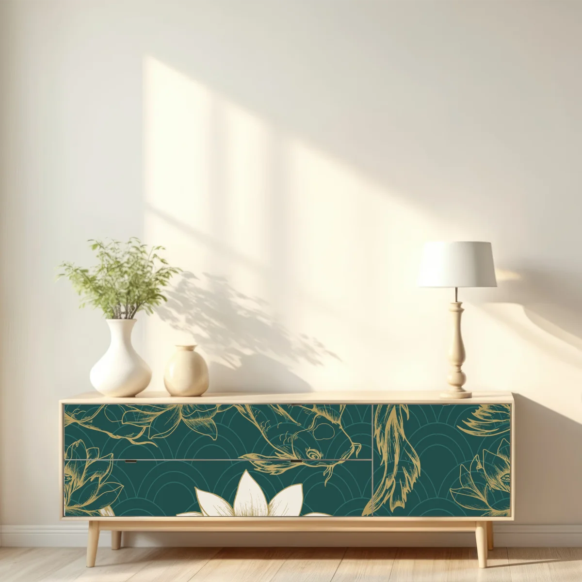 Repositionierbarer Aufkleber orientalisches koi- und lotosmuster in türkis und gold Repositionierbarer Aufkleber orientalisches koi- und lotosmuster in türkis und gold