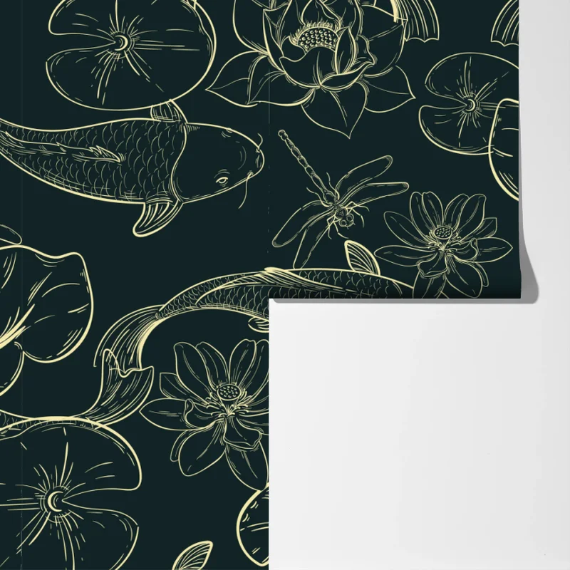 Fototapete handgezeichnetes koi- und lotusmuster Fototapete handgezeichnetes koi- und lotusmuster