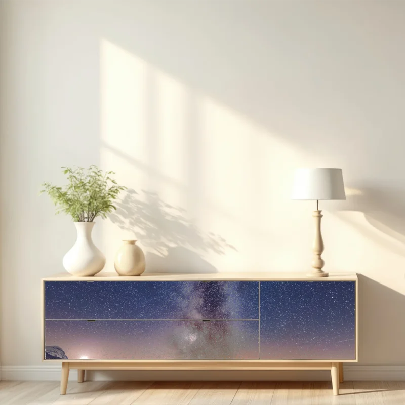 Repositionierbarer Aufkleber milchstraße über alpengipfel gespiegelt im see