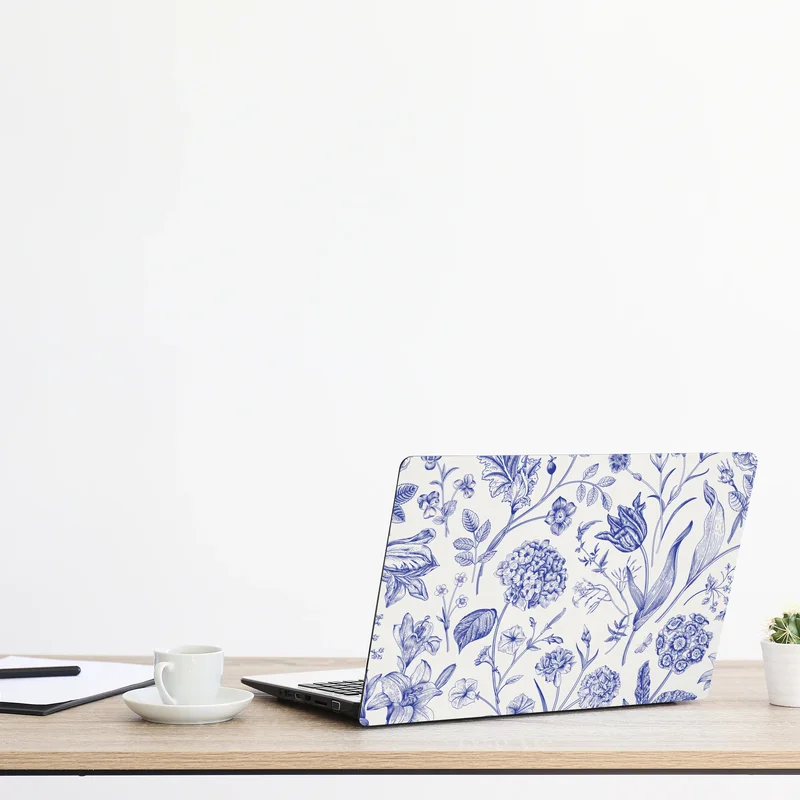 Naklejka na laptopa klasyczny niebieski wzór toile z motywem kwiatowym