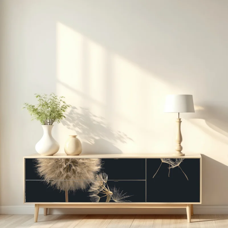 Repositionierbarer Aufkleber zarter löwenzahn vor dunklem hintergrund