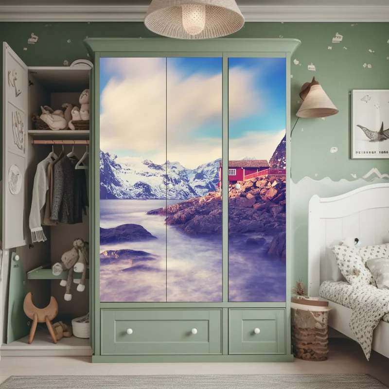 Schrankaufkleber küstengebirge mit roten hütten