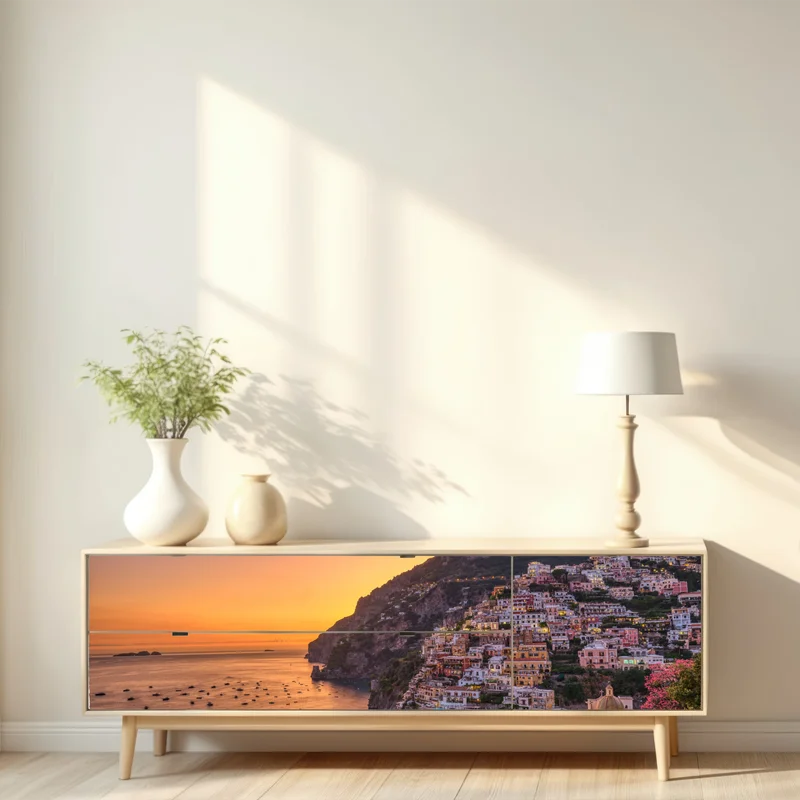 Repositionierbarer Aufkleber sonnenuntergang über Positano, Amalfiküste
