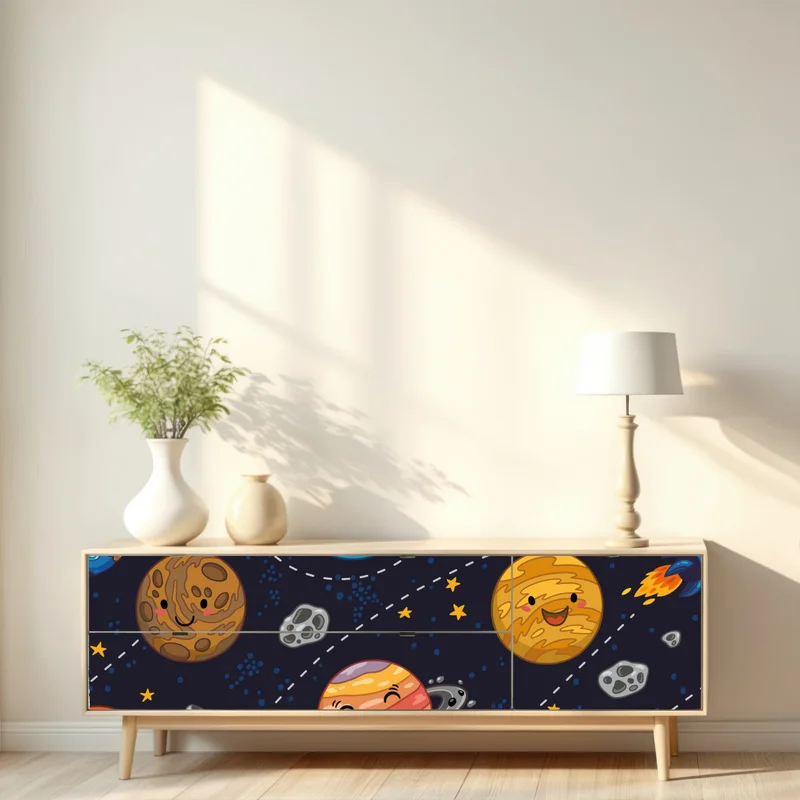 Repositionierbarer Aufkleber lächelnde planeten im verspielten weltraummuster