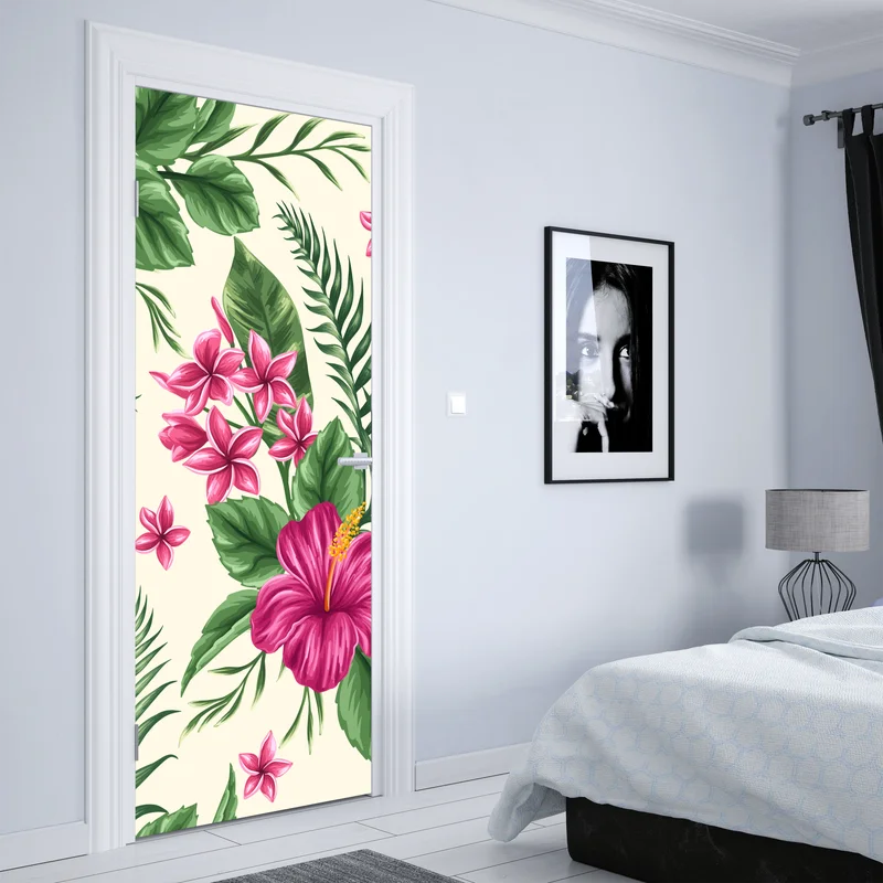 Türaufkleber tropisches muster mit rosa hibiskus