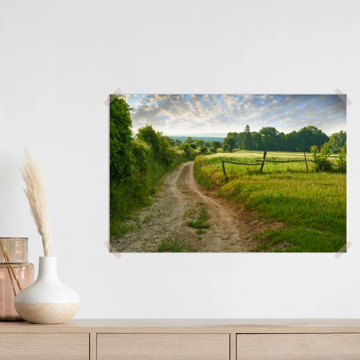 Poster sonniger landweg durch grüne wiesen • Poster bei Wallnifity® Poster sonniger landweg durch grüne wiesen • Poster bei Wallnifity®