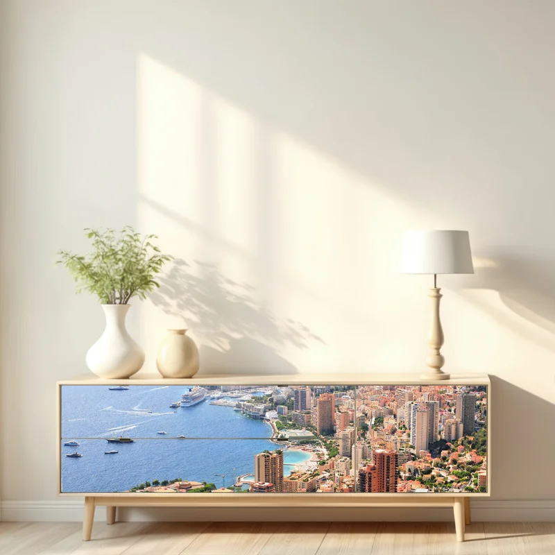 Repositionierbarer Aufkleber sonnige panoramasicht einer küstenstadt Repositionierbarer Aufkleber sonnige panoramasicht einer küstenstadt