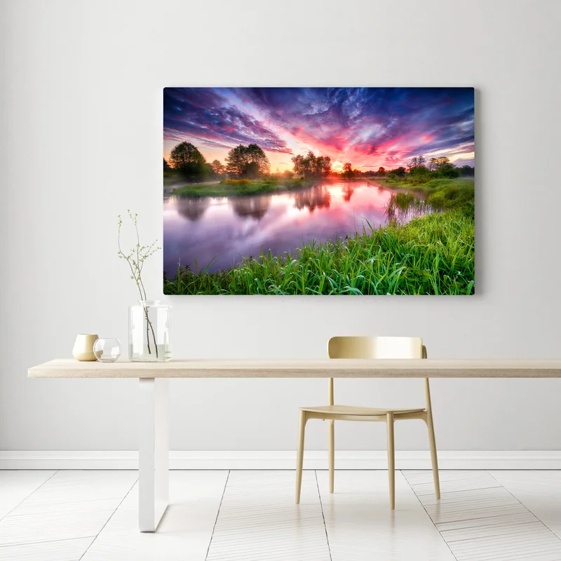 Leinwandbild ruhiger sommer sonnenaufgang am flussufer Leinwandbild ruhiger sommer sonnenaufgang am flussufer