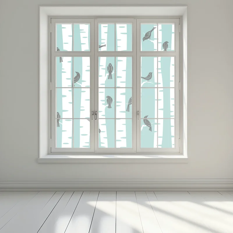 Fensteraufkleber türkis birkenwald mit vögeln Fensteraufkleber türkis birkenwald mit vögeln
