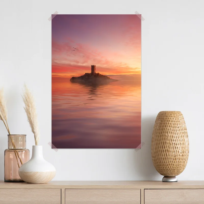 Poster einsamer turm auf einer pastellfarbenen insel bei sonnenuntergang • Poster bei Wallnifity® Poster einsamer turm auf einer pastellfarbenen insel bei sonnenuntergang • Poster bei Wallnifity®