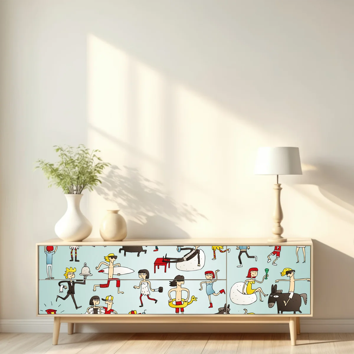 Repositionierbarer Aufkleber verspielte cartoonszene auf türkisem hintergrund Repositionierbarer Aufkleber verspielte cartoonszene auf türkisem hintergrund