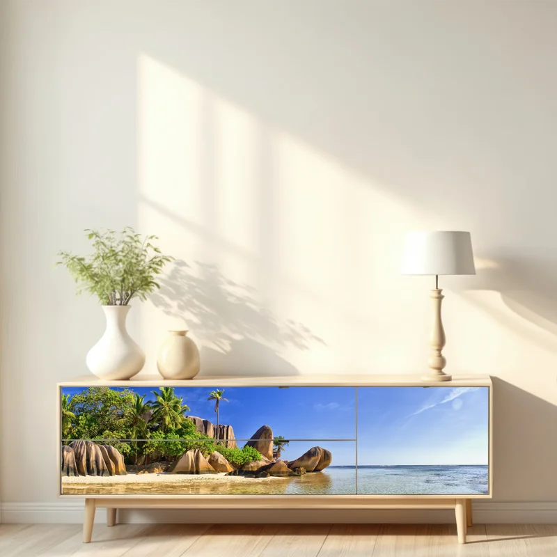 Repositionierbarer Aufkleber tropischer strand mit granitfelsen und klarem wasser Repositionierbarer Aufkleber tropischer strand mit granitfelsen und klarem wasser