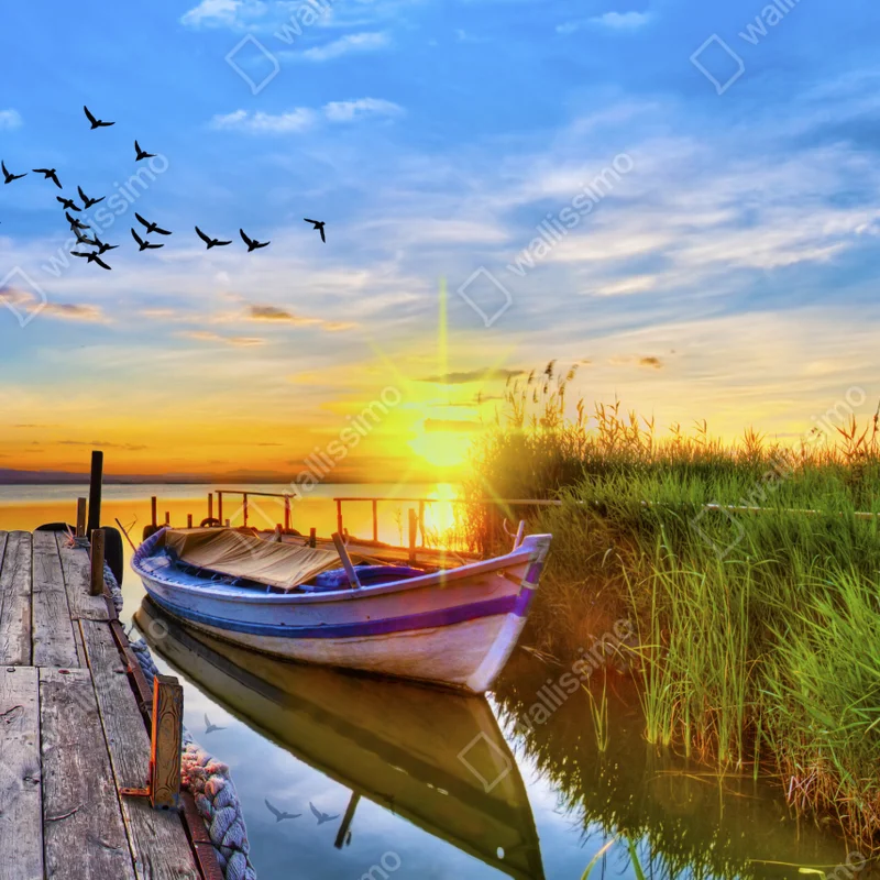 Fototapete sonnenuntergang am see mit boot am steg Fototapete sonnenuntergang am see mit boot am steg