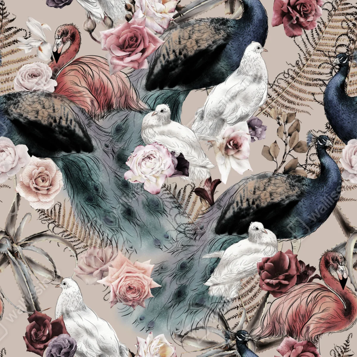 Türaufkleber aquarellmuster mit vögeln und rosen Türaufkleber aquarellmuster mit vögeln und rosen