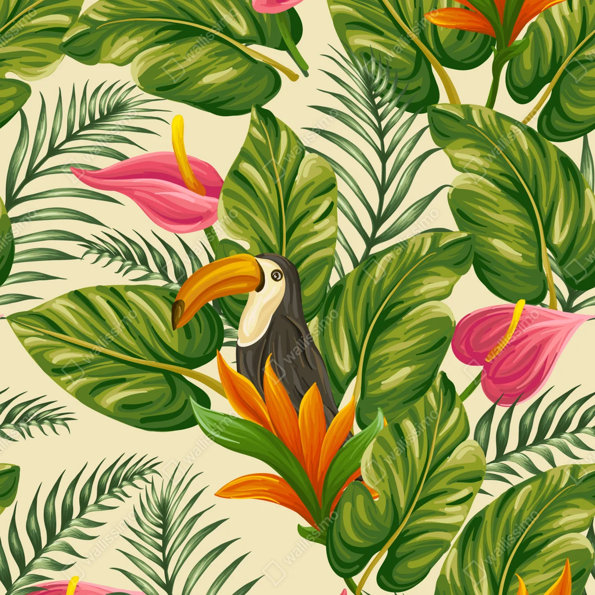 Schrankaufkleber tropisches botanisches muster mit tukan Schrankaufkleber tropisches botanisches muster mit tukan