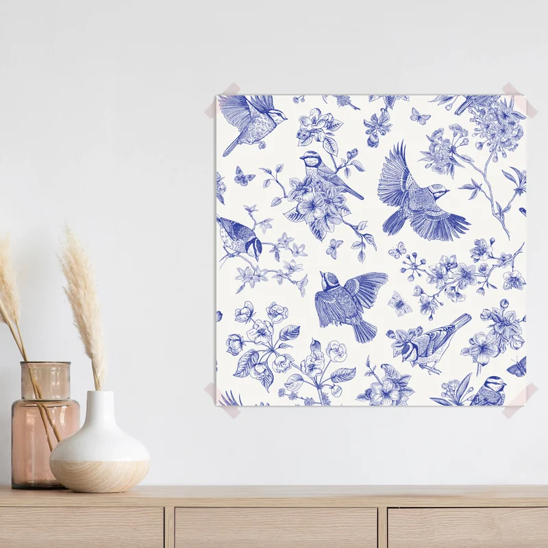 Poster blaues muster mit vögeln und blüten im vintage-stil Poster blaues muster mit vögeln und blüten im vintage-stil