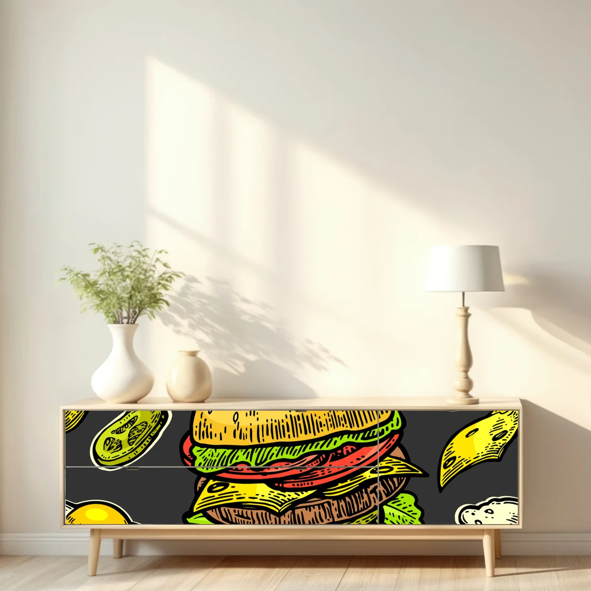 Repositionierbarer Aufkleber buntes burger-muster mit zutaten Repositionierbarer Aufkleber buntes burger-muster mit zutaten