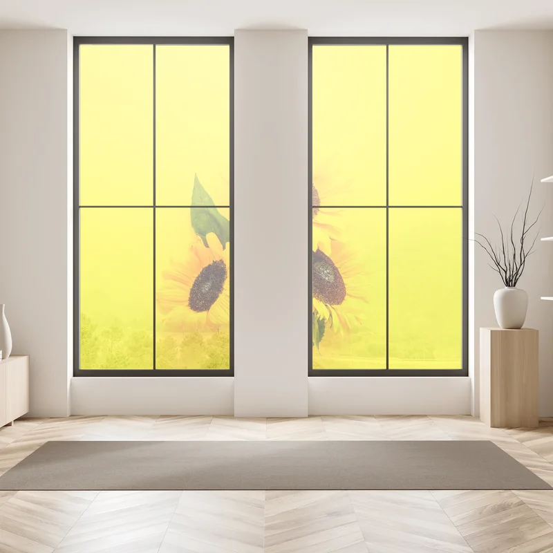 Fensteraufkleber leuchtender sonnenblumenstrauß auf gelbem hintergrund