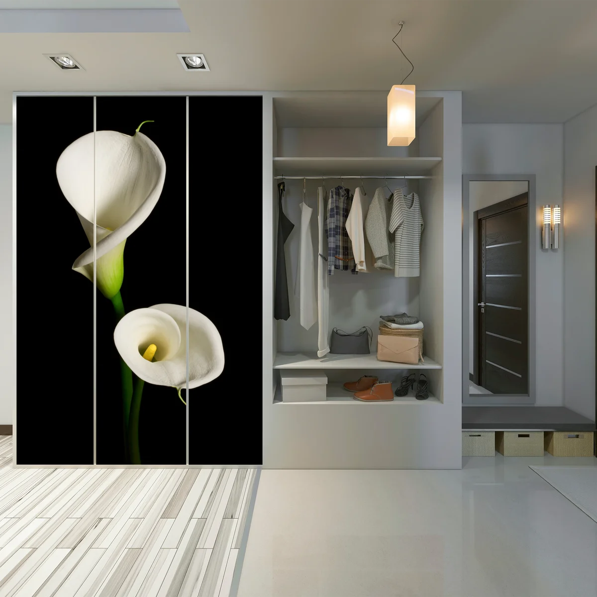 Schrankaufkleber weiße calla vor schwarzem hintergrund Schrankaufkleber weiße calla vor schwarzem hintergrund
