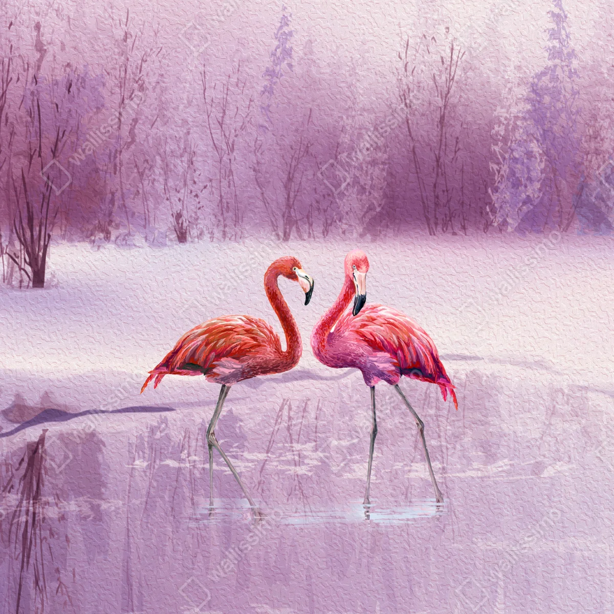 Leinwandbild pastell flamingos über winterlichem see Leinwandbild pastell flamingos über winterlichem see