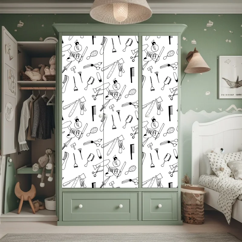 Schrankaufkleber handgezeichnetes muster von friseurwerkzeugen Schrankaufkleber handgezeichnetes muster von friseurwerkzeugen