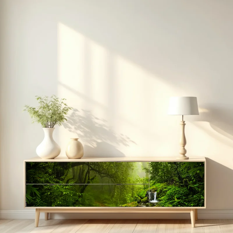 Repositionierbarer Aufkleber üppiger nebliger waldwasserfall