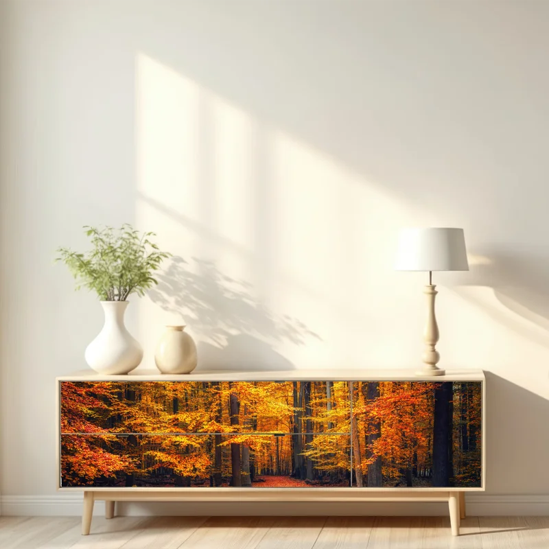 Repositionierbarer Aufkleber herbstlicher waldpfad mit goldenen blättern