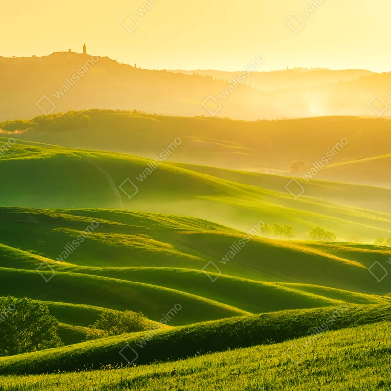 Repositionierbarer Aufkleber goldener sonnenaufgang über sanften grünen hügeln Repositionierbarer Aufkleber goldener sonnenaufgang über sanften grünen hügeln