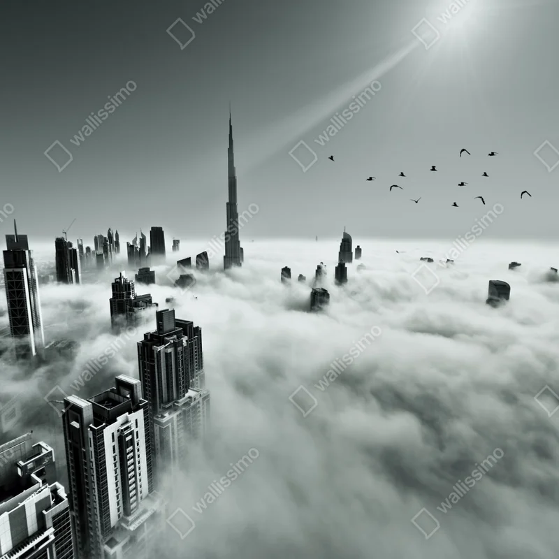 Fototapeta mglista panorama Dubaju ponad chmurami Fototapeta mglista panorama Dubaju ponad chmurami