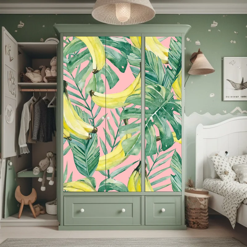 Schrankaufkleber aquarell-bananen und blättermuster auf rosa hintergrund Schrankaufkleber aquarell-bananen und blättermuster auf rosa hintergrund
