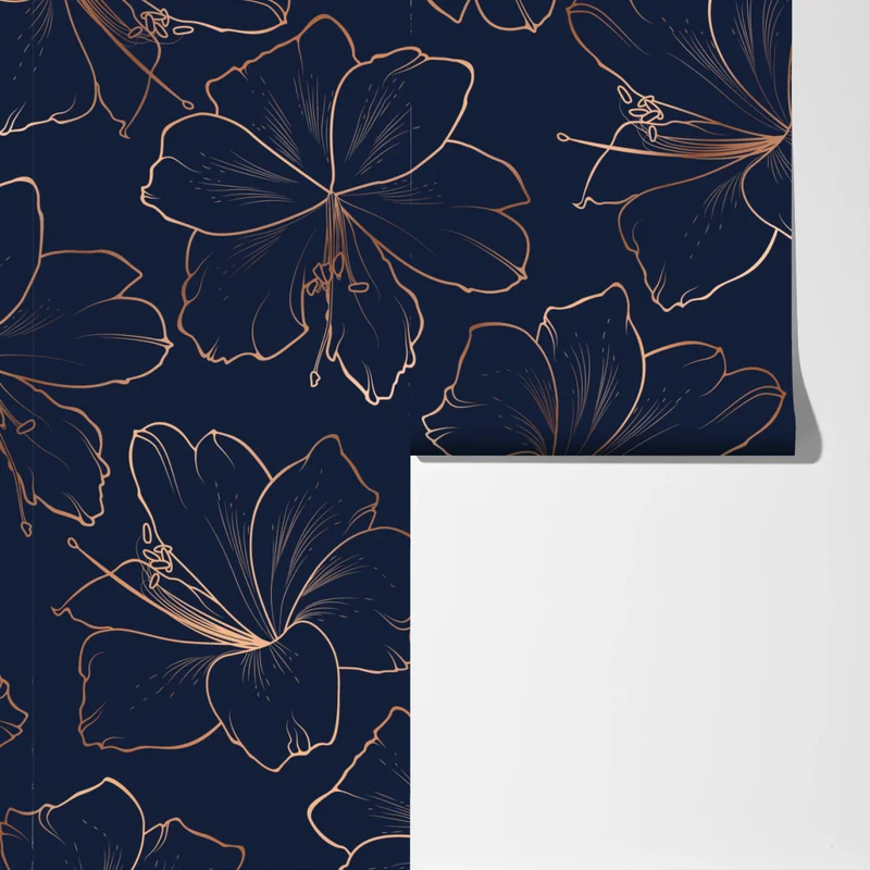 Fototapete dunkelblaues muster mit goldenen blumenkonturen Fototapete dunkelblaues muster mit goldenen blumenkonturen