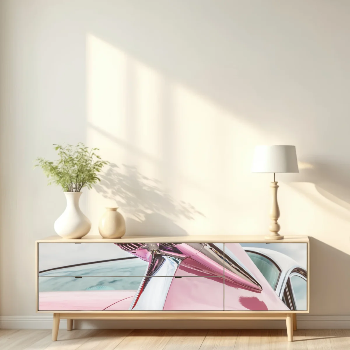 Repositionierbarer Aufkleber rosa retro klassisches auto heckflosse Repositionierbarer Aufkleber rosa retro klassisches auto heckflosse