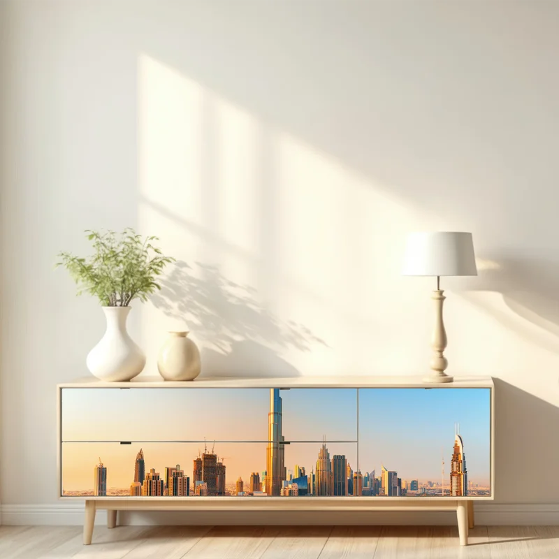 Repositionierbarer Aufkleber Dubai skyline in der goldenen stunde Repositionierbarer Aufkleber Dubai skyline in der goldenen stunde