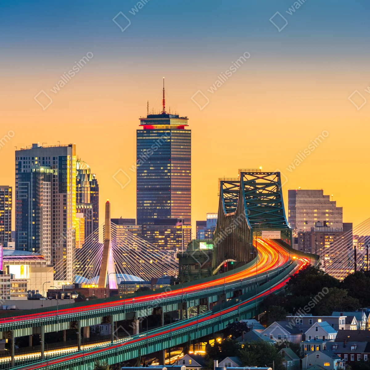 Repositionierbarer Aufkleber panorama von Boston bei sonnenuntergang mit Zakim und Tobin brücken Repositionierbarer Aufkleber panorama von Boston bei sonnenuntergang mit Zakim und Tobin brücken