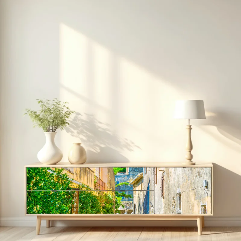 Repositionierbarer Aufkleber sonnenbeschienene gasse in einem mediterranen dorf