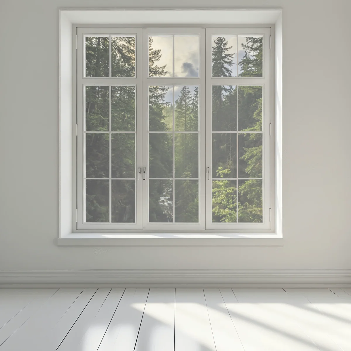 Naklejka na okno mglisty iglasty las z wodospadem Naklejka na okno mglisty iglasty las z wodospadem